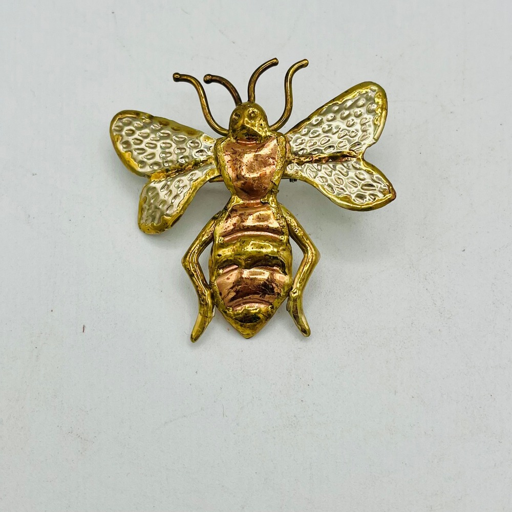 Vintage Mixed Metal Bumble Bee Brooch Pin Copper Brass Silver Tone Insect 2 Inch